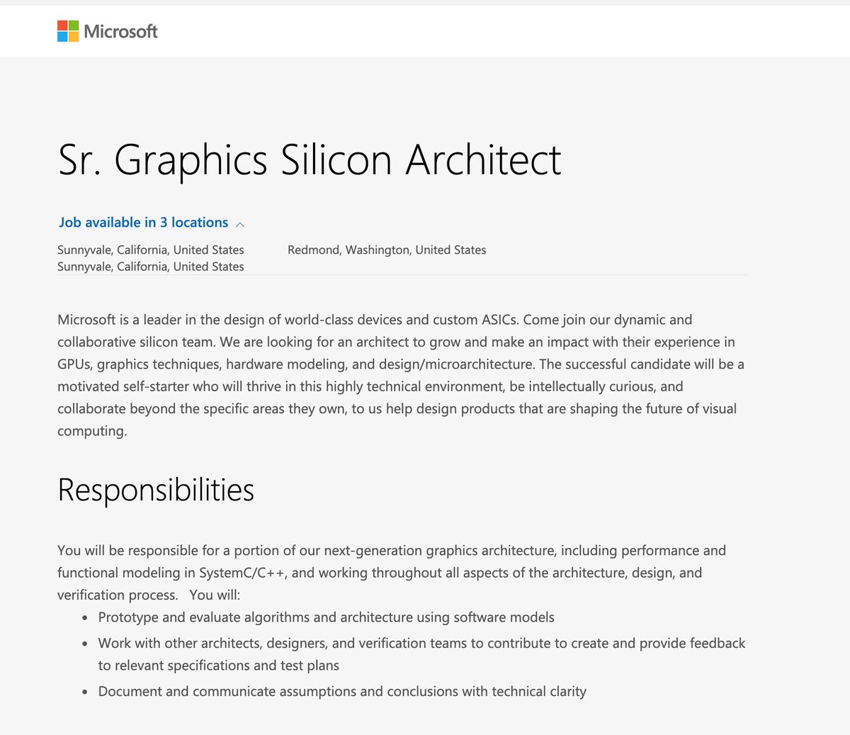 ahcox's tweet photo. I noticed Microsoft are hiring for graphics hardware in Sunnyvale and Redmond. Are they building a GPU? Tweaking the one they licensed for Surface?
https://t.co/sKwhD9ykQp
#gpujobs #graphicsjobs #hardwarejobs #siliconjobs https://t.co/mA7h1TltgE