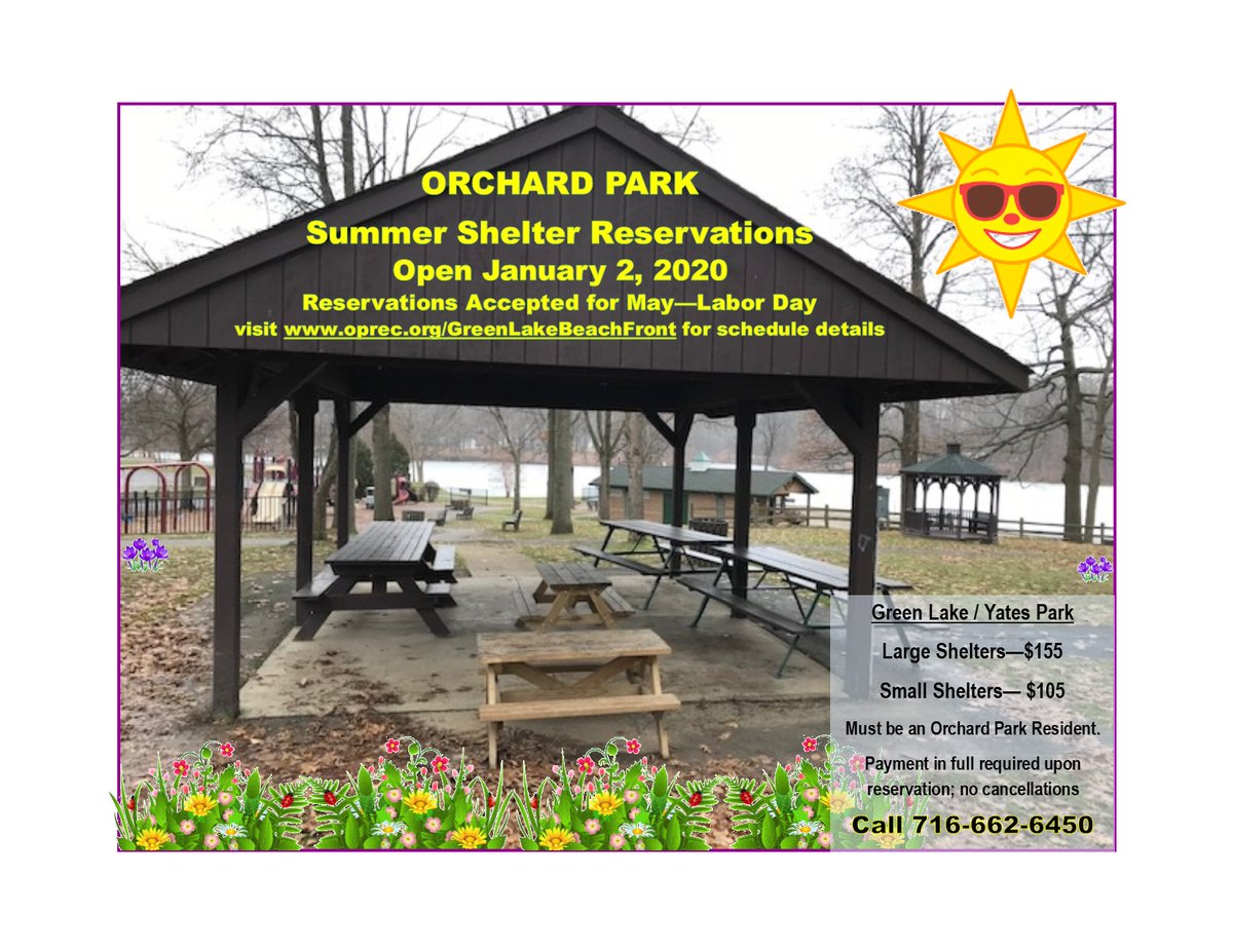 Planning a summer party?  Shelter reservations open January 2nd.  Must be an Orchard Park resident to reserve.