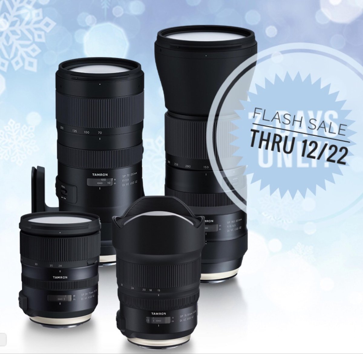 TamronEDU's tweet photo. Fa-La-La-La-La-FLASH SALE!
🙀🎅🏻☃️📸
Now through 12/22!
.
Enjoy $200 instantly off the Tamron
SP 15-30mm f/2.8 Di VC USD G2
SP 24-70mm f/2.8 Di VC USD G2
SP 70-200mm f/2.8 Di VC USD G2
SP 150-600mm f/5-6.3 Di VC USD G2
#tamron @Tamronusa #withmytamron
#holidaysavings #saledays https://t.co/1ue4bUQpf4