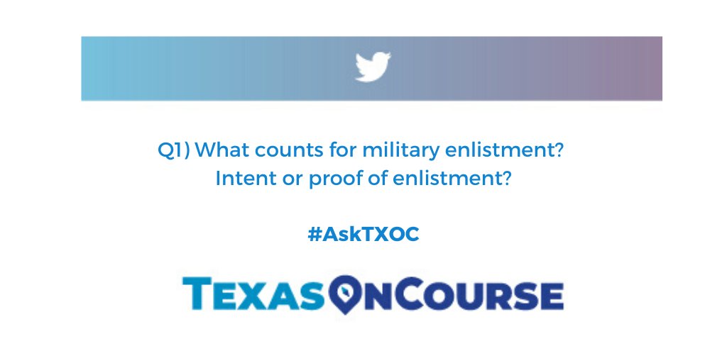TexasOnCourse's tweet photo. Our first question is about #military enlistment... who can answer this one? #AskTXOC https://t.co/cdGuPI1Fe4