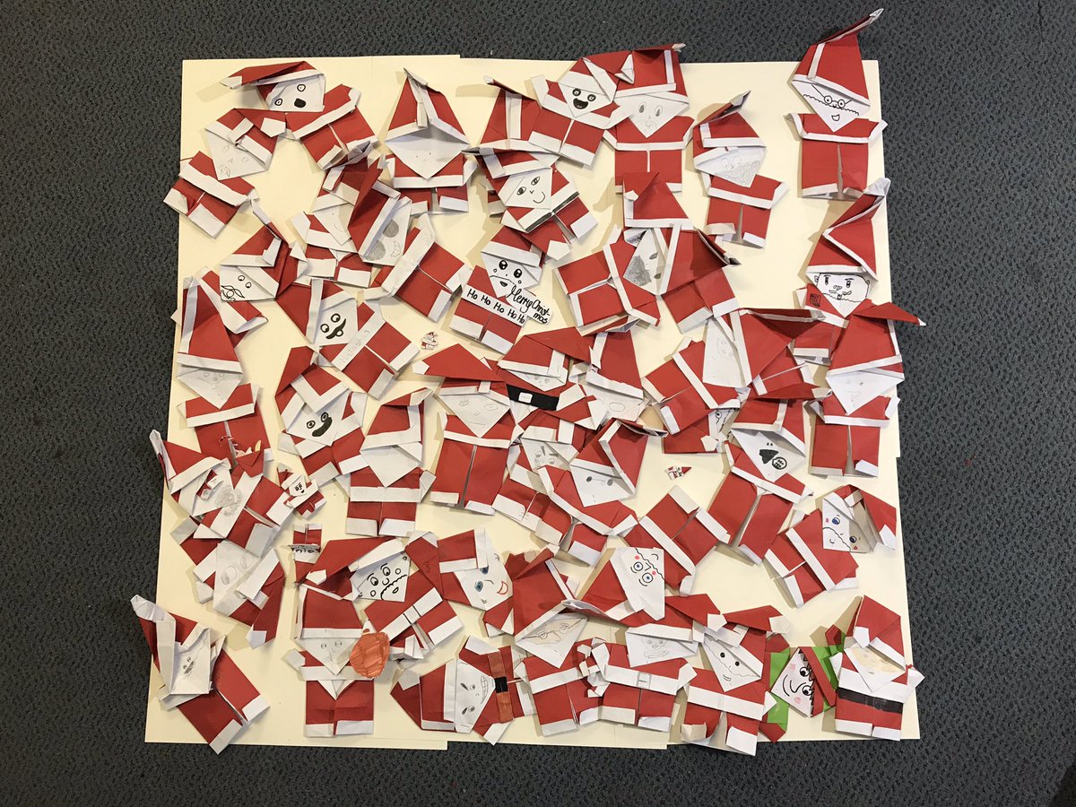 JulieWight2002's tweet photo. Where’s Elf? @LaSalleEd @PriorsfordPS P6W and P6C’s origami Santas and a cheeky elf! Can you see him? #CMSanta https://t.co/Y7agxOtVUg