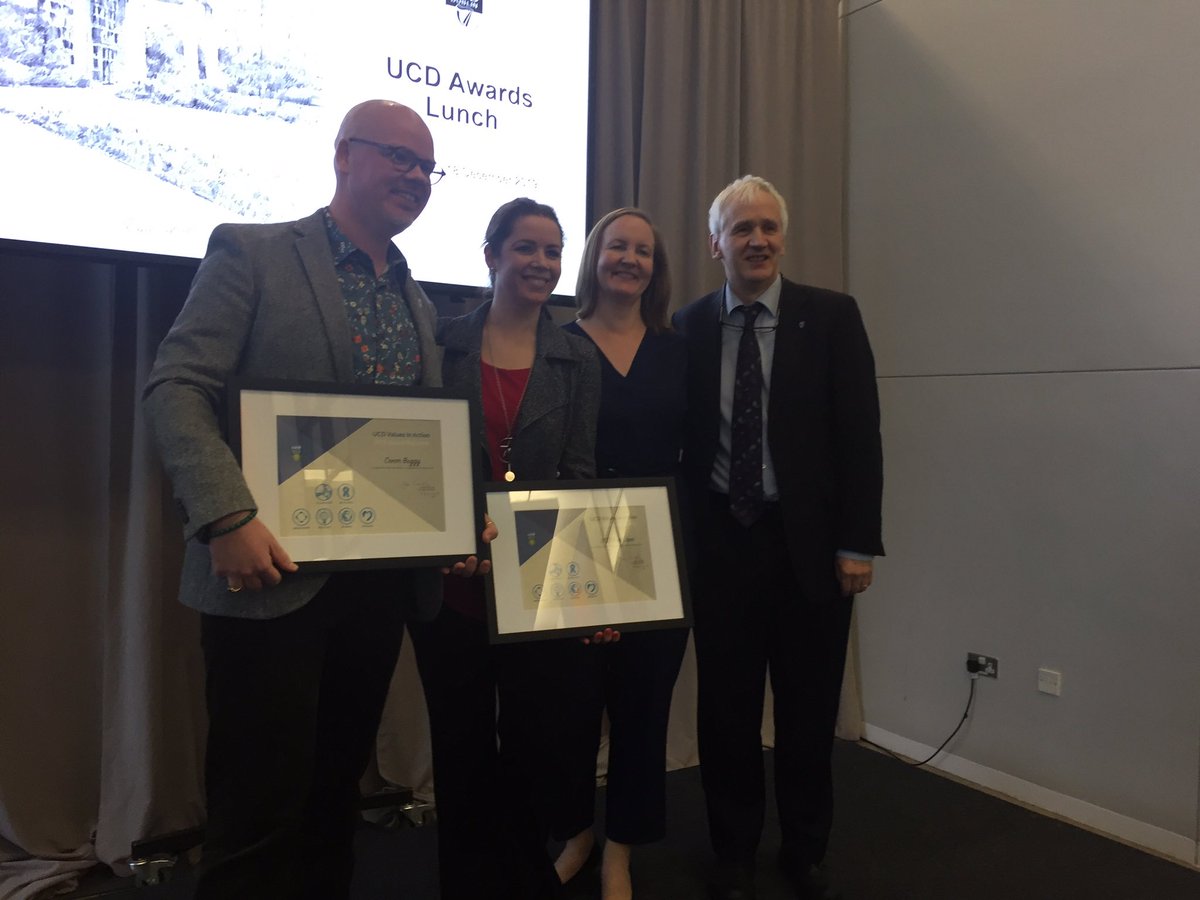MaryMStaunton's tweet photo. Congrats to winners of UCD’s Values in Action awards. Esp my own nominees, Niamh Nestor and Catriona Keane #ucdpurljam #biased! Also Amanda McCann and Emma Dorris and all they do for patient involvement in cancer and diabetes research. And @DrConorB for being all round fab! https://t.co/xhUar2cryO