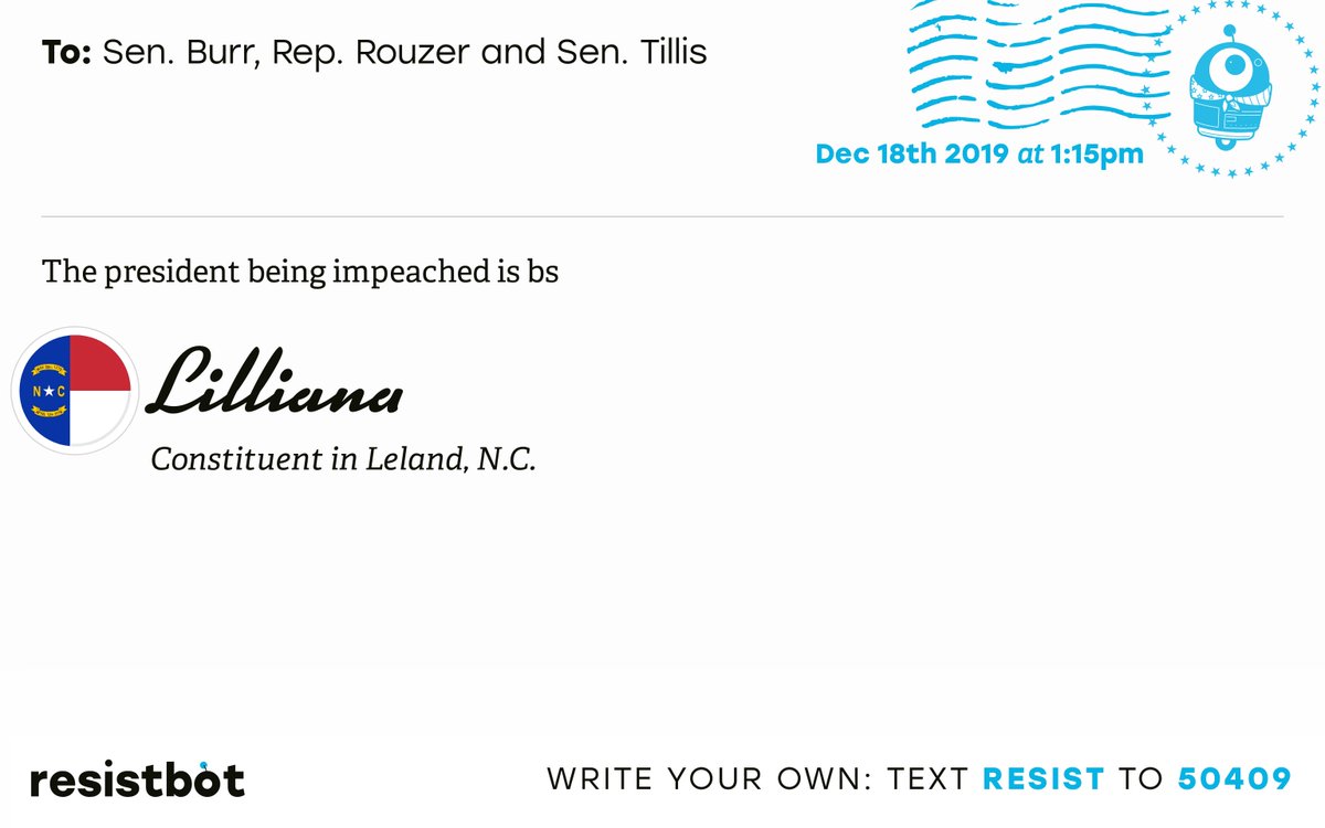 openletterbot's tweet photo. I just delivered this letter from Lilliana in Leland, N.C. to @SenatorBurr, @RepDavidRouzer and @senthomtillis #NC07 #NCpolitics https://t.co/xzT5B3yRi4