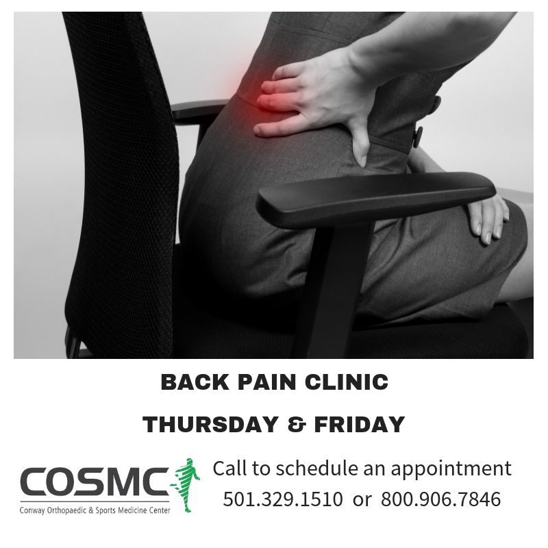 ConwayOrtho's tweet photo. Our Back Pain Clinic is open Thursday and Friday. Call to schedule an appointment. Don't let pain keep you from enjoying life! #conwayortho https://t.co/SjN7WAV6XE
