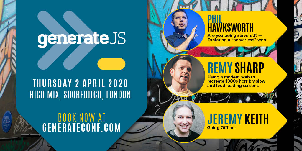 netmag's tweet photo. Learn JS from the best by attending #GenerateJS! Get great talks from the likes of @rem, @philhawksworth and @adactio for the wallet-friendly price of £188 + VAT if you book before 31 January from https://t.co/4GJdVHlabb #generateconf https://t.co/BLCw9VeQrA