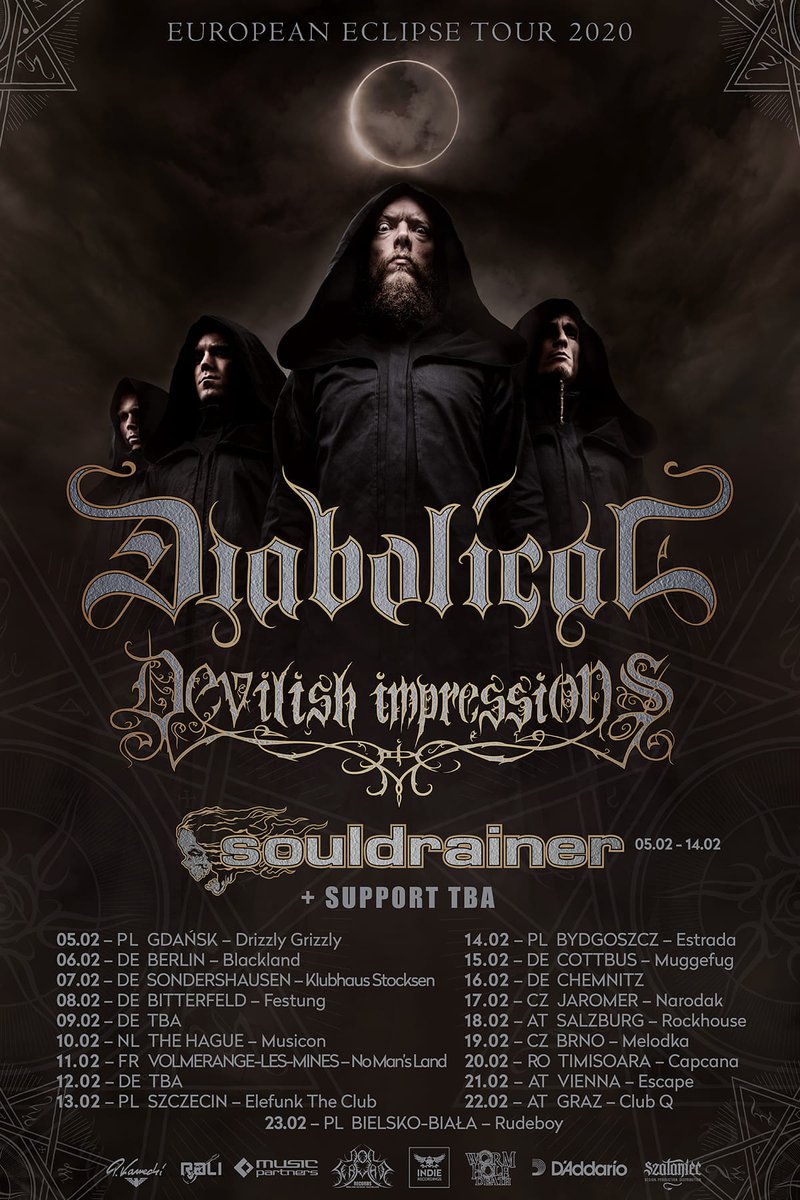 DevilishImpress's tweet photo. DEVILISH IMPRESSIONS team up with Sweden's DIABOLICAL for a European tour in February 2020! Joining them will be SOULDRAINER also from Sweden and additional bands that are yet to be confirmed. https://t.co/L5FaO8unSJ