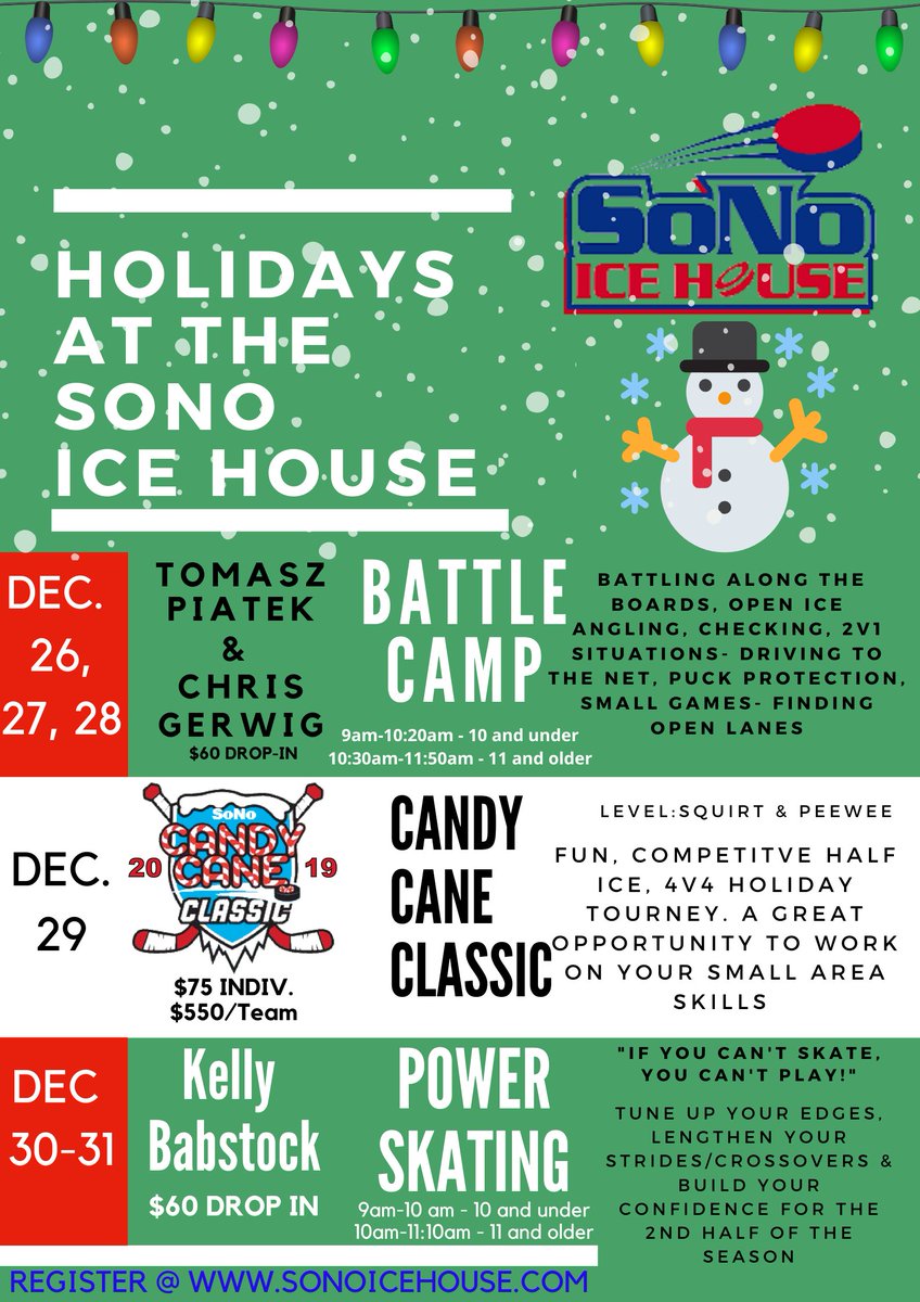 Hockey Camps and our Candy Cane Classic will make it a busy Holiday this year! What better way to end the year as a Hockey Player? #getbetter #getontheice #havefun #sonoicehouse