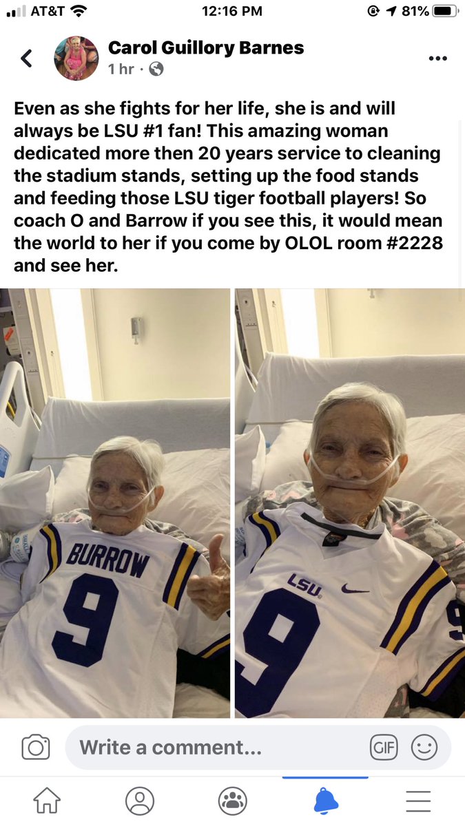 Ssimp9816's tweet photo. This is my sweet sweet maw maw. She has worked for LSU for over 20 years! She has been in and out of the hospital for a few months now. Y’all please RT to help spread the word. It would mean so much to her if she got to meet Coach O and Burrow! 💛💜 https://t.co/i1rB1vhka9