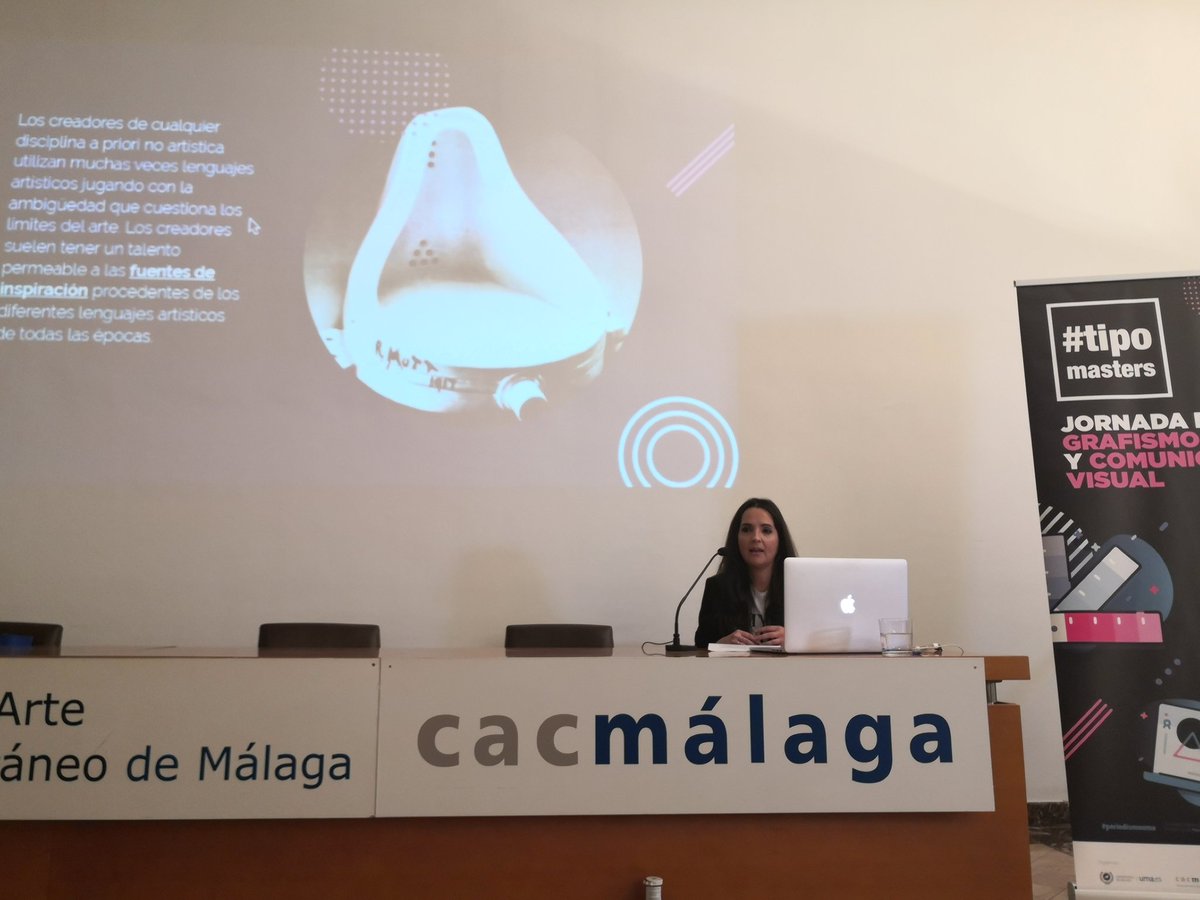 cibermarikiya's tweet photo. De cómo los creadores gráficos juegan con lo híbrido y se inspiran de otras artes, como la moda o la pintura, y al tiempo aportan su impronta. Nos lo cuenta otra emprendedora, la gran Estefanía Lara de @loveratory_ #tipomasters4 #periodismouma #tipo1920 #transuma @cacmalaga https://t.co/6HgjoHJ5Iq