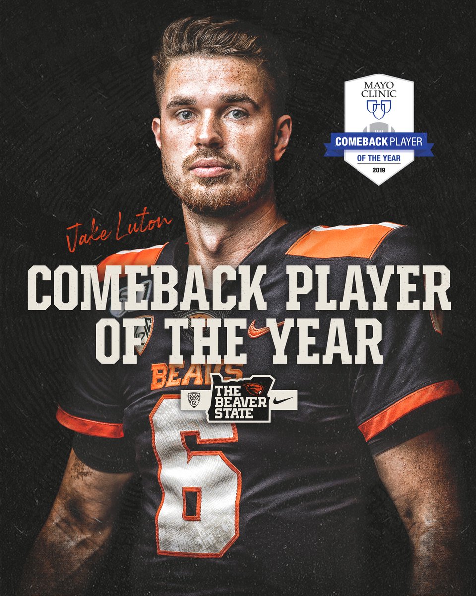 Oregon State Football (@beaverfootball) on Twitter photo Jake (from Oregon State) is the 2019 Mayo Clinic Comeback Player of the Year!
Congrats <a href="/JakeLuton6/">Jake Luton</a> x <a href="/ComebackPlayrFB/">ComebackPlayrFB</a> #BuildTheDam Jake (from Oregon State) is the 2019 Mayo Clinic Comeback Player of the Year!
Congrats <a href="/JakeLuton6/">Jake Luton</a> x <a href="/ComebackPlayrFB/">ComebackPlayrFB</a> #BuildTheDam