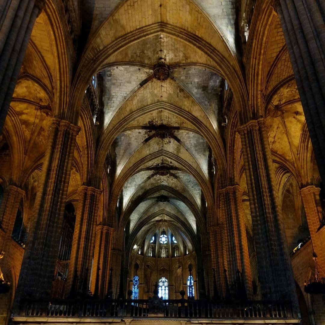 Photograph of the interiors of Barcelona Cathedral, Spain.