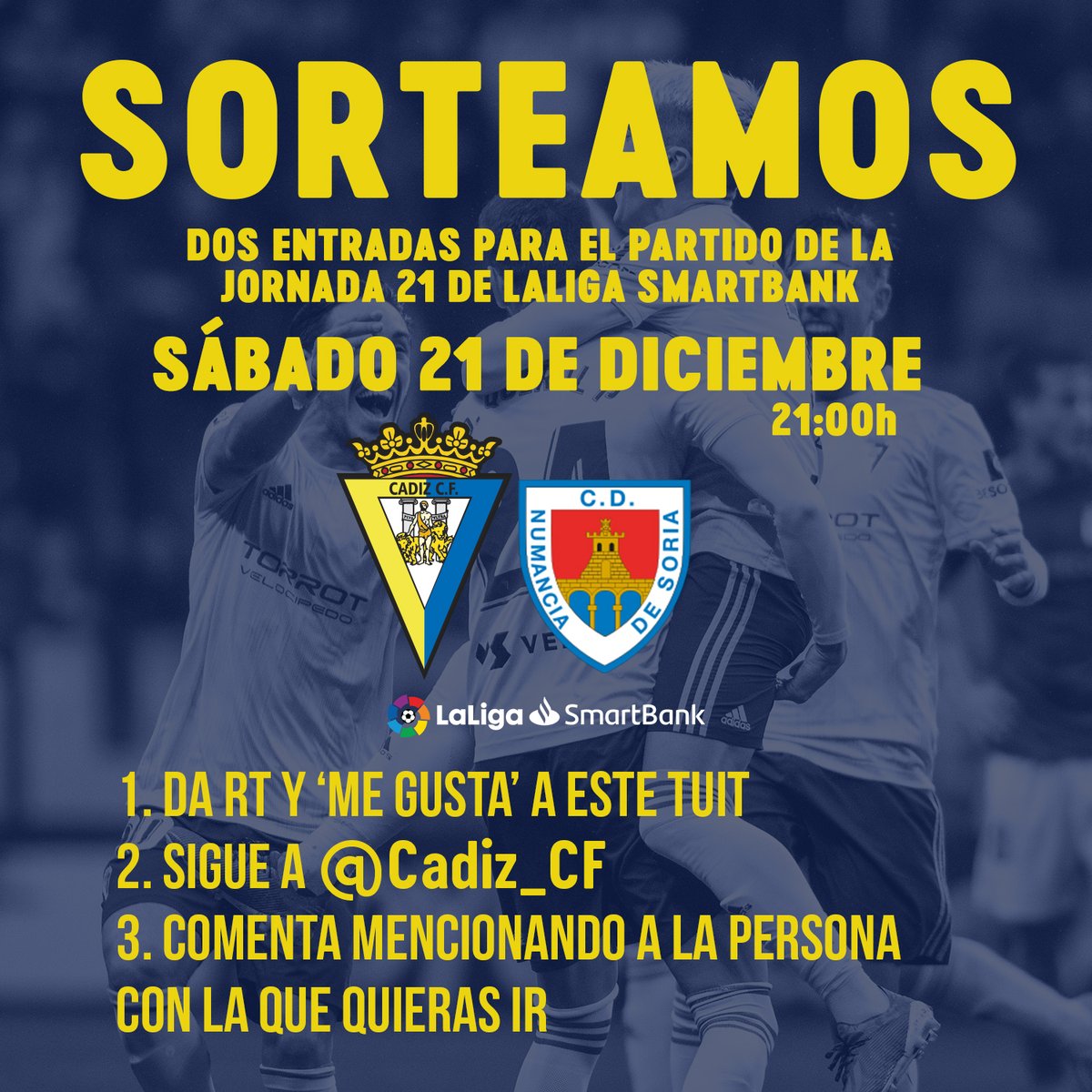 Cadiz_CF's tweet photo. 💛SORTEAZO💙

¿Quieres ir GRATIS al último partido del 2019? 
¿Quieres vivir el #CádizNumancia en Carranza?

1⃣ Da RT y 💛 a este tuit.
2⃣ Asegúrate de seguir nuestra cuenta @Cadiz_CF .
3⃣ Deja en un comentario el nombre de la persona con la que quieras ir.

#VamosCádiz https://t.co/5y5gkSmgeq