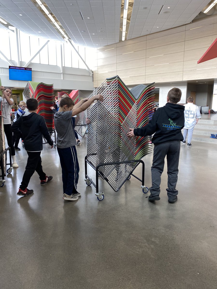mrsmeyerJMS's tweet photo. I simply asked the kids to stack just one chair after finishing lunch and this is what I get! They always go above and beyond expectations and this is why I love JMS! #integrity #jmspride #jordanpride @BenBakeberg @ISD717 https://t.co/sZpXTv1jCd