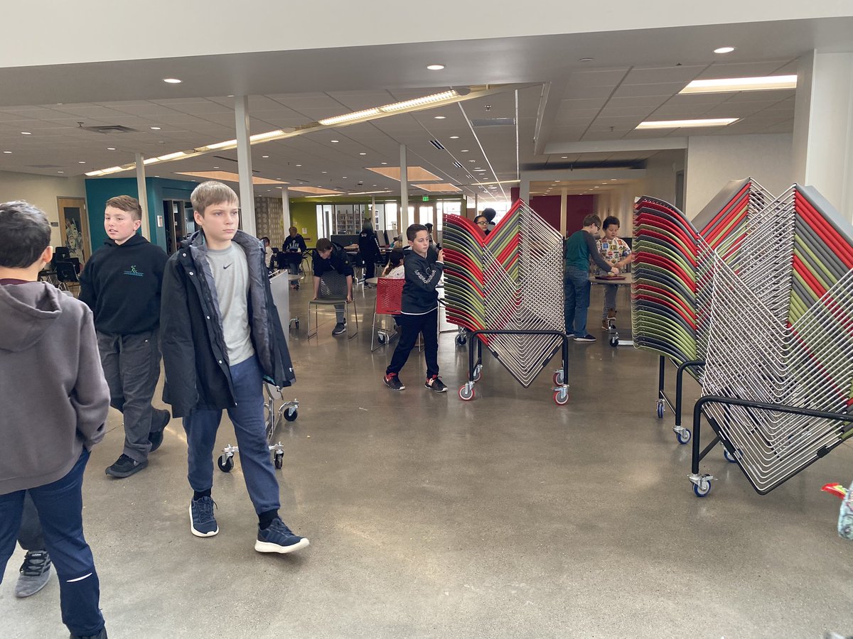 mrsmeyerJMS's tweet photo. I simply asked the kids to stack just one chair after finishing lunch and this is what I get! They always go above and beyond expectations and this is why I love JMS! #integrity #jmspride #jordanpride @BenBakeberg @ISD717 https://t.co/sZpXTv1jCd