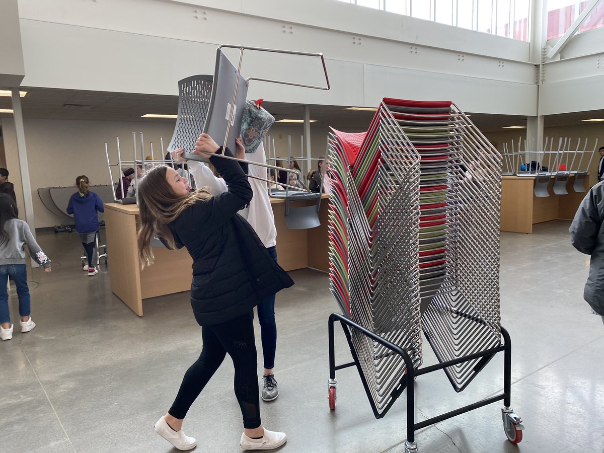 mrsmeyerJMS's tweet photo. I simply asked the kids to stack just one chair after finishing lunch and this is what I get! They always go above and beyond expectations and this is why I love JMS! #integrity #jmspride #jordanpride @BenBakeberg @ISD717 https://t.co/sZpXTv1jCd
