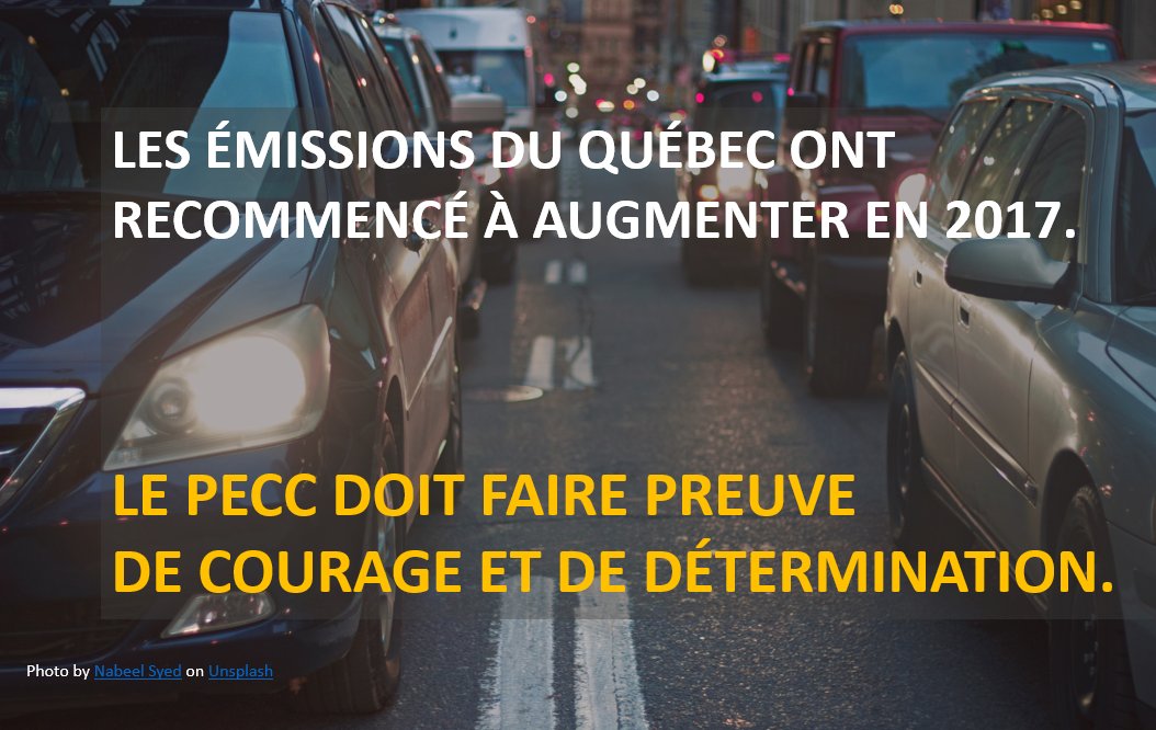 Les émissions de #GES du Québec repartent à la hausse. Selon le dernier bilan, le secteur des transports représente maintenant 43,3% des émissions. À moins d'un changement de cap majeur, on s'enfonce dans le mur.

Le nouveau #PECC doit être ce changement de cap.

#polqc @MELCC_Qc
