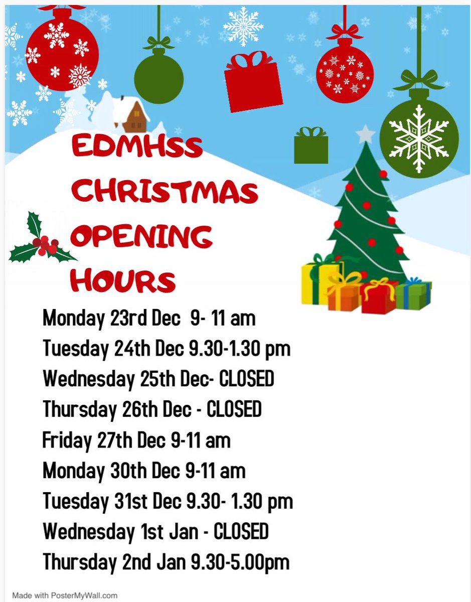edmhss's tweet photo. #EDMHSS opening times over Christmas.Please note the mornings 9-11 am are for telephone calls only . #WorcestershireHour #EveshamHour https://t.co/cDUdZjIWsI