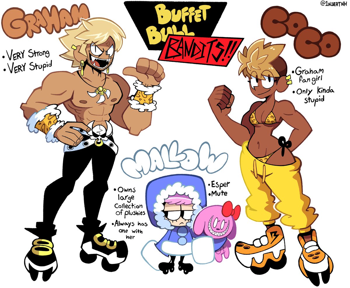 These 3 are members of the Buffet Bull Bandits! They're another restaurant in the world of Red Hot Roller, only instead of cooking food themselves they just steal it from their rivals