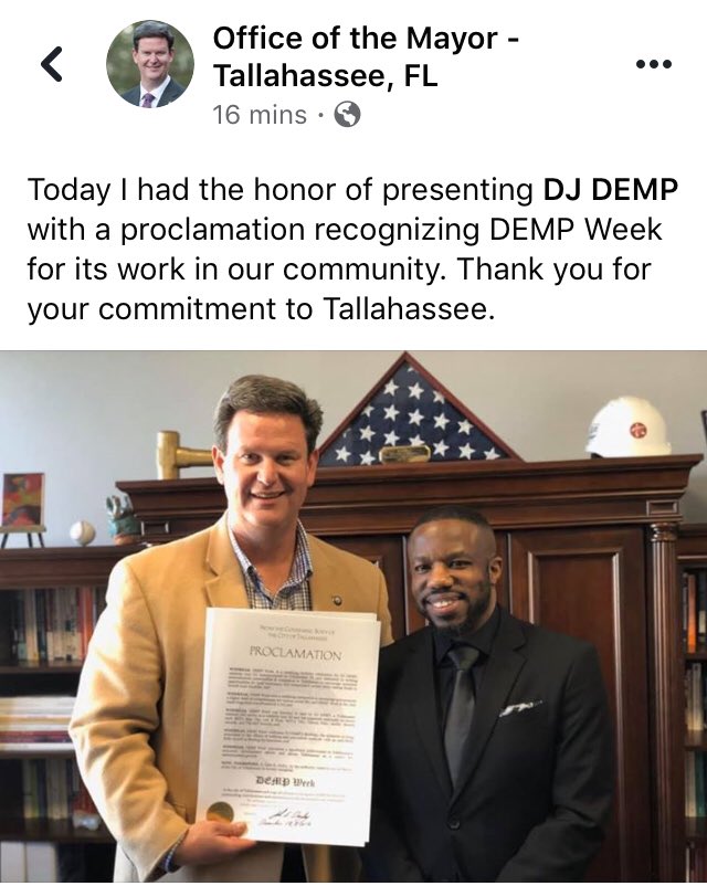 DJDEMP's tweet photo. So This Happened Today!!!!
I was Presented With a Proclamation for DEMP Week by the Mayor of the The City of Tallahassee John Dailey!!! 💯🙏🏾 https://t.co/mvqyRQ23aE