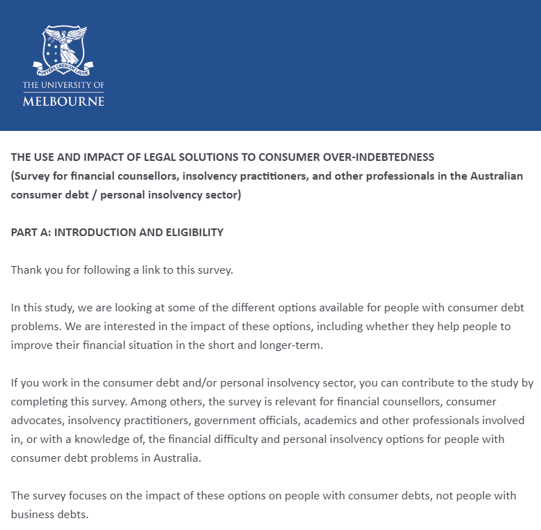 Attention consumer lawyers and advocates! Would you like to help with a research study on the options available for over-indebted consumers?
melbourneuni.au1.qualtrics.com/jfe/form/SV_6R…