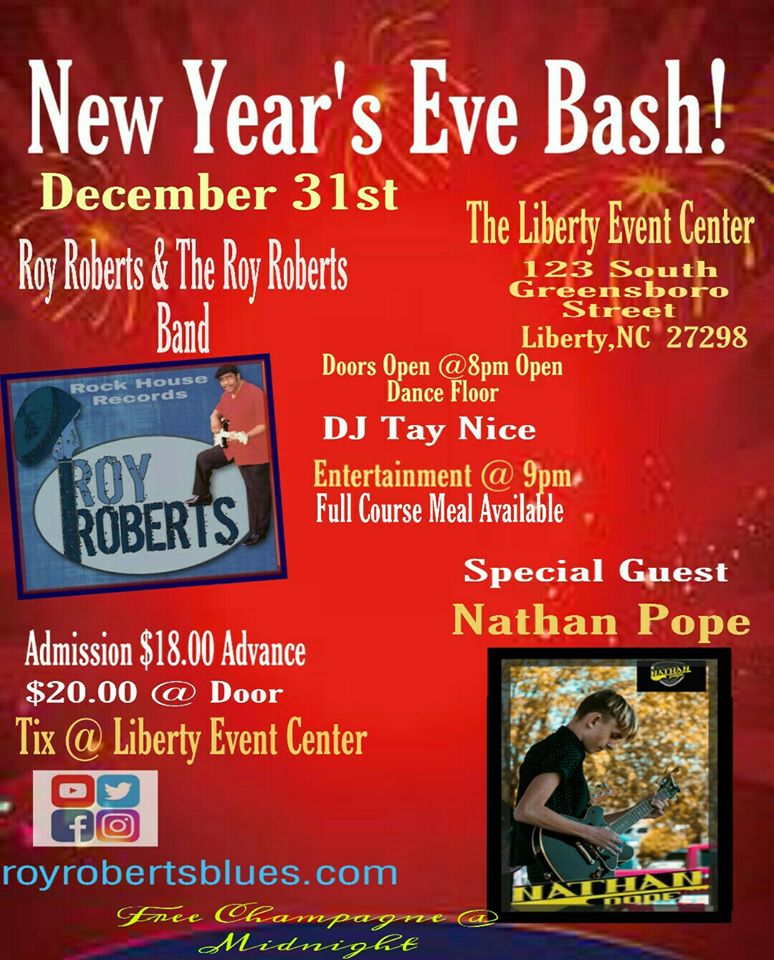 RobertsBlues's tweet photo. Come celebrate & party with us New Year's Eve!
#Tuesday #December31st The Roy Roberts Band & Special Guest: 17 Year Guitar Virtuoso: Nathan Pope Of Liberty,NC #RoyRoberts #NathanPope #TheLibertyEventCenter #FenderGuiatrs #KangolCaps #MyShadeOfBlue #NewYearsEve https://t.co/W3iK1ucrjk