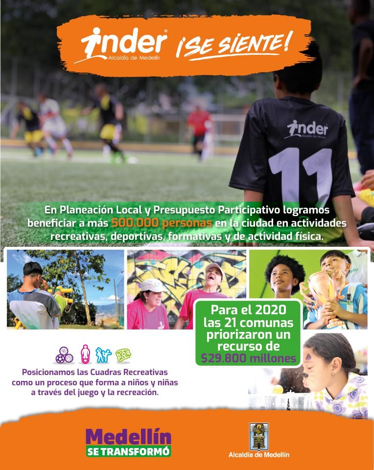 INDERMEDELLIN's tweet photo. 🙌🏻 #MedellínSeTransformó con los recursos de Planeación Local y Presupuesto Participativo #PLyPP priorizados para beneficiar a más de 500.000 personas a través del deporte, la recreación y la actividad física.🏙️ #ElINDERSeSiente🎉 https://t.co/qsaWFmAg9Z