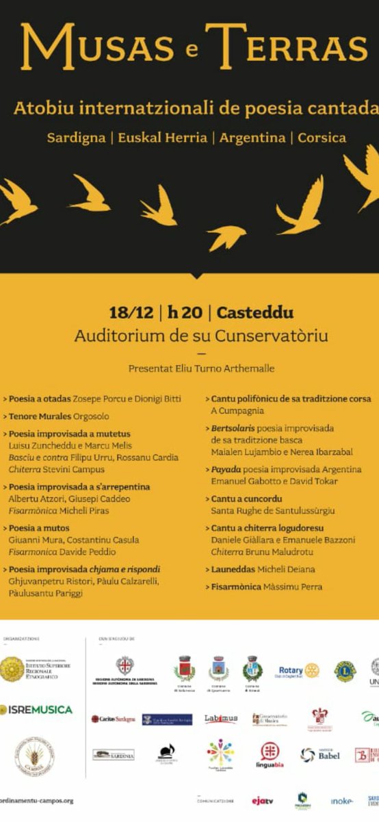 AsaModaSarda's tweet photo. Musas e terras.
Atòbiu internatzionale de #poesia #cantada.
#Sardigna - #EuskalHerria - #Argentina - #Corsica https://t.co/mMGKu9LTEl