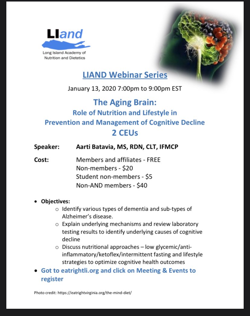 Registration now open for Jan 13th Free Webinar: The Aging Brain and the Role of Nutrition.  Go to Link ➡️  eatrightli.org/agingbrain.html   <a href="/EatRightNewYork/">NY State Academy of Nutrition & Dietetics</a> <a href="/EatRightWNY/">WNYDA</a> <a href="/GNYDA/">GNYDA</a>