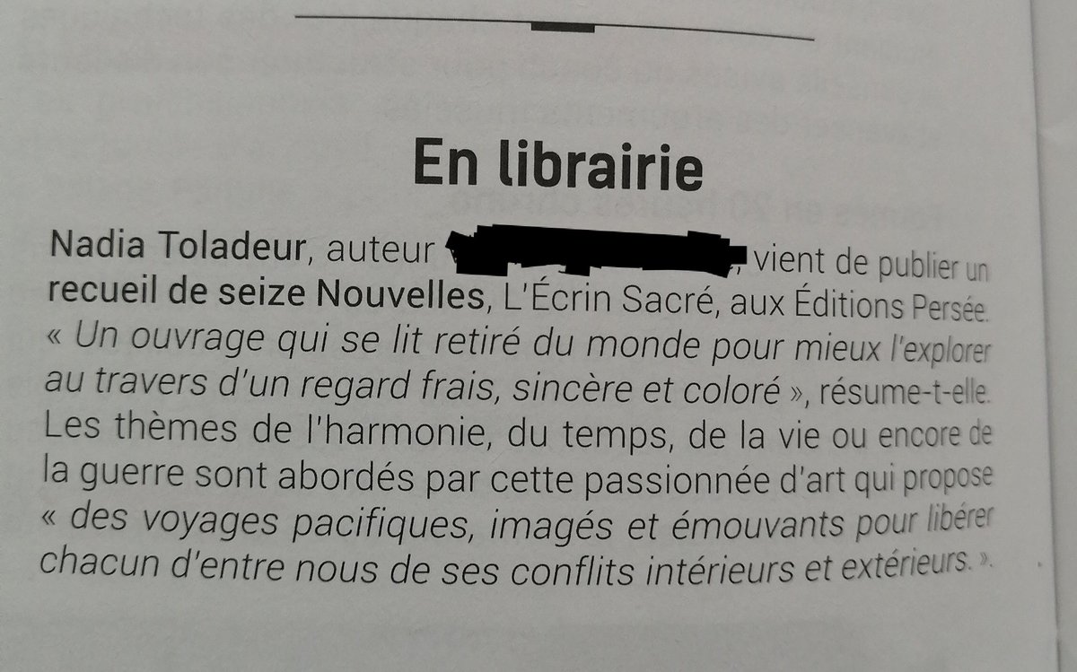 StyleDeMaPlume's tweet photo. Coucou !

Une brève dans un magazine pour parler de toi oups plutôt 🤭 de mon recueil de nouvelles !!! L'ÉCRIN SACRÉ... Détail dans ma Bio
#enlibrairie #librairie #lestyledemaplume #lécrinsacré #recueildenouvelles #breve #magazine #livreadecouvrir #lire #lecture #cadeaudenoel https://t.co/CoIVKBo3Hn