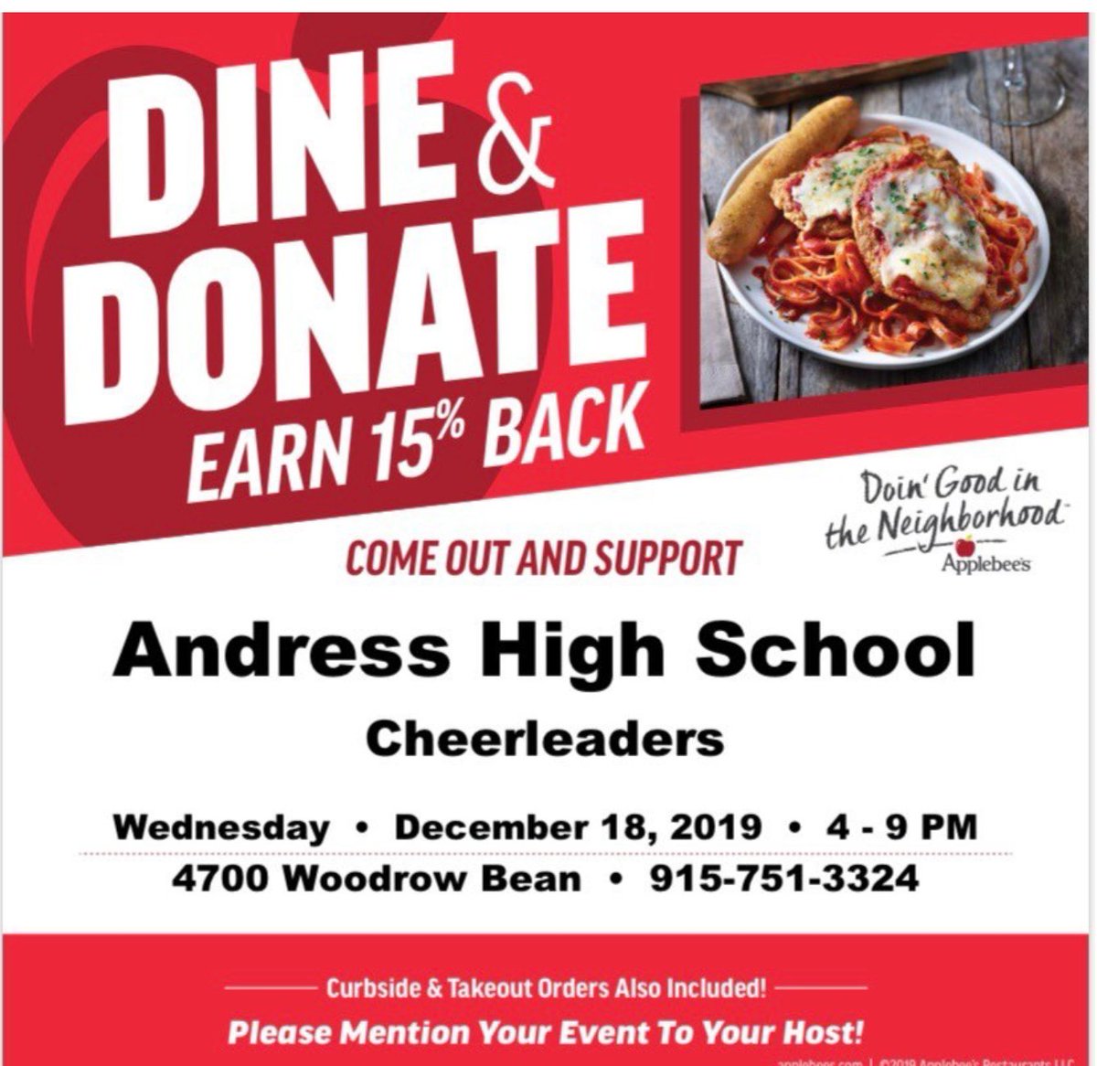 Skip the kitchen tonight...
Please Dine &amp; Donate to help #AndressHSCheer!!!