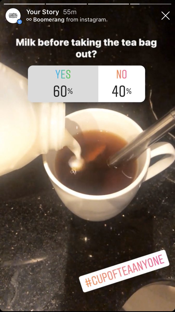 After seeing <a href="/richardbranson/">Richard Branson</a> ‘s tea making post we decided to see how many of our Leading Ladies make tea Clare’s ( &amp; Richards 😂 ) way or Carolyn’s take the tea bag out before the milk way!
What’s your way? 
A = milk before removing the tea bag 
B = tea bag out before the milk