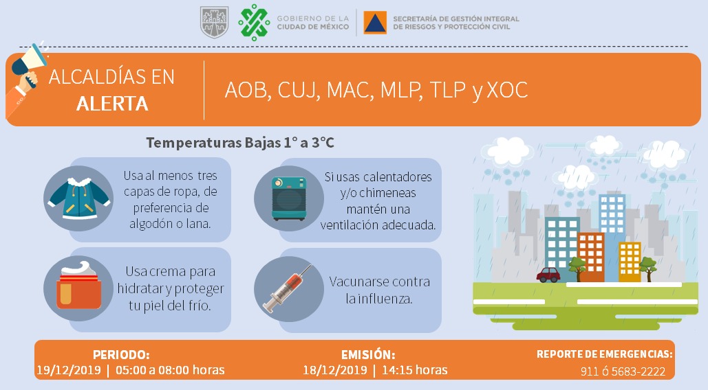 SGIRPC_CDMX's tweet photo. Se activa Alerta Naranja por pronóstico de temperaturas bajas y heladas para el jueves 19 de diciembre en @AlcaldiaAO, @AlcCuajimalpa, @ALaMagdalenaC, @GobMilpaAlta, @TlalpanAl y @XochimilcoAl.

Toma tus precauciones y mantente informado.
#LaPrevenciónEsNuestraFuerza https://t.co/p3WZiGYR74