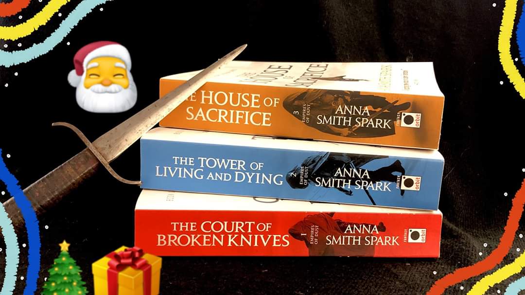 queenofgrimdark's tweet photo. It's a week till Christmas Day! And Grimdark Santa is giving away one signed set of the Empires of Dust trilogy, plus a dragon t-shirt. Share and comment to win. #amreading #fantasy #epicfantasy #grimdark #fantasybooks #books #winbooks https://t.co/Q4WHGeKbHY