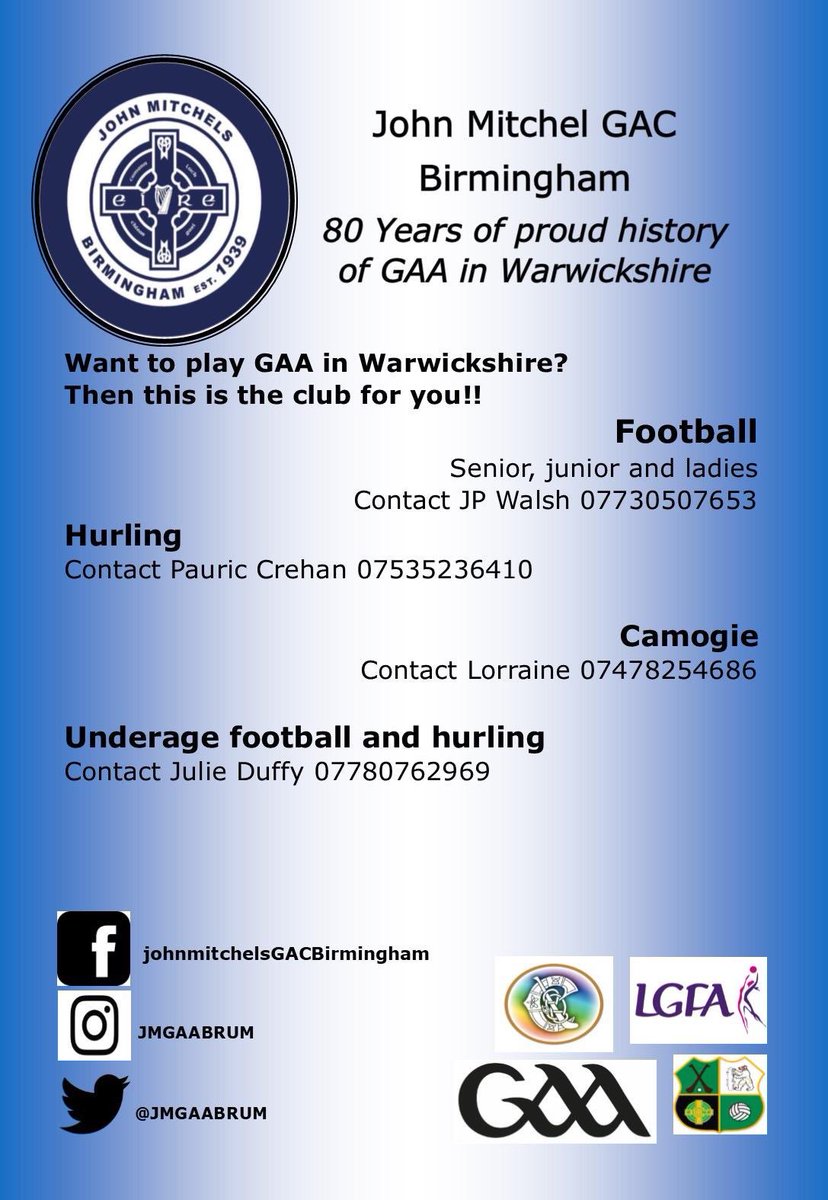 JMGACBrum's tweet photo. New to Birmingham? Fancy a bit of GAA, Camogie or Ladies Football? Then contact us! We’re one the biggest and best GAA clubs in Britain! https://t.co/Z46r5dGouX