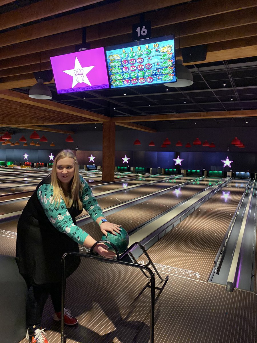MarieCurieLincs's tweet photo. Lovely Christmas team meeting today with the team @MarieCurieEMids - thanks to @MCCHARLOTTE86 for our Prosecco. I had to resort to a slide for bowling due on to #nailproblems and still lost miserably !! https://t.co/85fDrphRXR