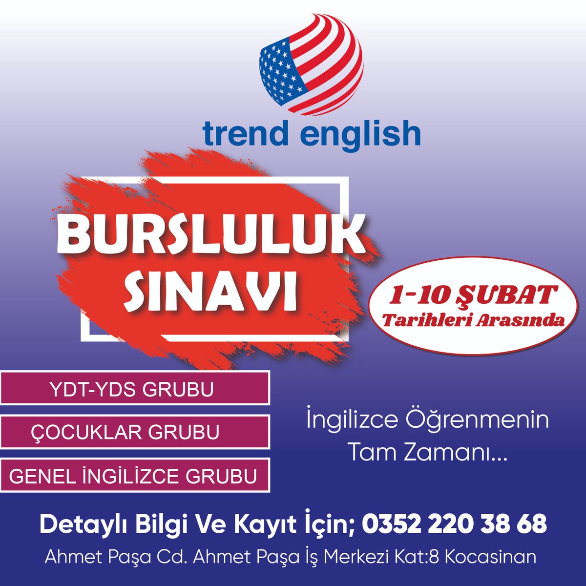 İNGİLİZCE KURSUMUZDA BURSLU EĞİTİM ALMA FIRSATI!
Kayseri'nin en prestijli Dil okulu Trend English 📕
📞+90 352 220 38 68
📍Ahmet Paşa Cd. No:16/33 Serçeönü Mahallesi 38010 Kocasinan/Kayseri

#trendenglish 
#yurtdisiegitimdanismanligi #kayseri #kayseridilokulu #kayseridilkursu