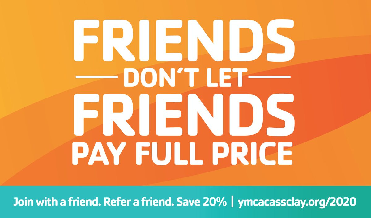 Want a sweet discount on a YMCA membership? Who doesn't?!? Join anytime in December with the “Friends Don’t Let Friends Pay Full Price” Promotion, and you and a friend can both save 20% off of your @ymcacassclay membership for all of 2020!