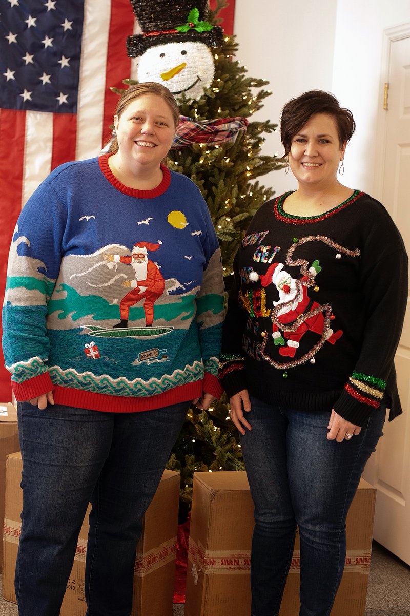 TesaniCo's tweet photo. It's Ugly Christmas Sweater day today! Check out our new threads! Which sweater do you think is most cringe-worthy? #uglysweaterparty #whoworeitbest #companyculture #spiritweek #officeculture #employeeengagement #employeeexperience #officechristmas #sweaterweather https://t.co/IBo5lXVV9R