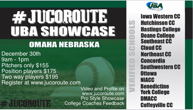 jucoroute's tweet photo. Only 6 spots remaining for the December showcase in Omaha at @ubanebraska 

We just had our 24th school (7 states) confirm they will be in attendance @NWUBaseball

Dec 30th 
9am - 1pm 
Free Recruitment Videos, Twitter Posts &amp; Player Profiles
Register: https://t.co/4eTePxRzV4 https://t.co/LYlfz6hL4Q