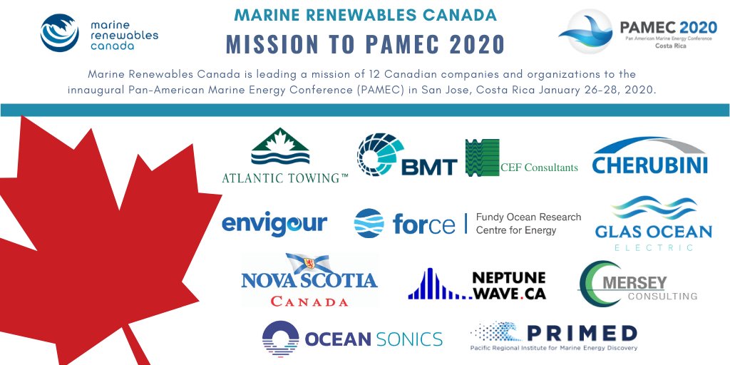 Canadian_MRE's tweet photo. Gearing up for our #trademission to 
@PAMECEnergy 2020 Conference in #SanJose #CostaRica next month! 
Our delegation of 12 companies/organizations has strengths in #marinerenewables &amp; other #ocean #offshore &amp; #energy industries.

#tidalenergy #wave #offshorewind #rivercurrent https://t.co/tR39yByeXi