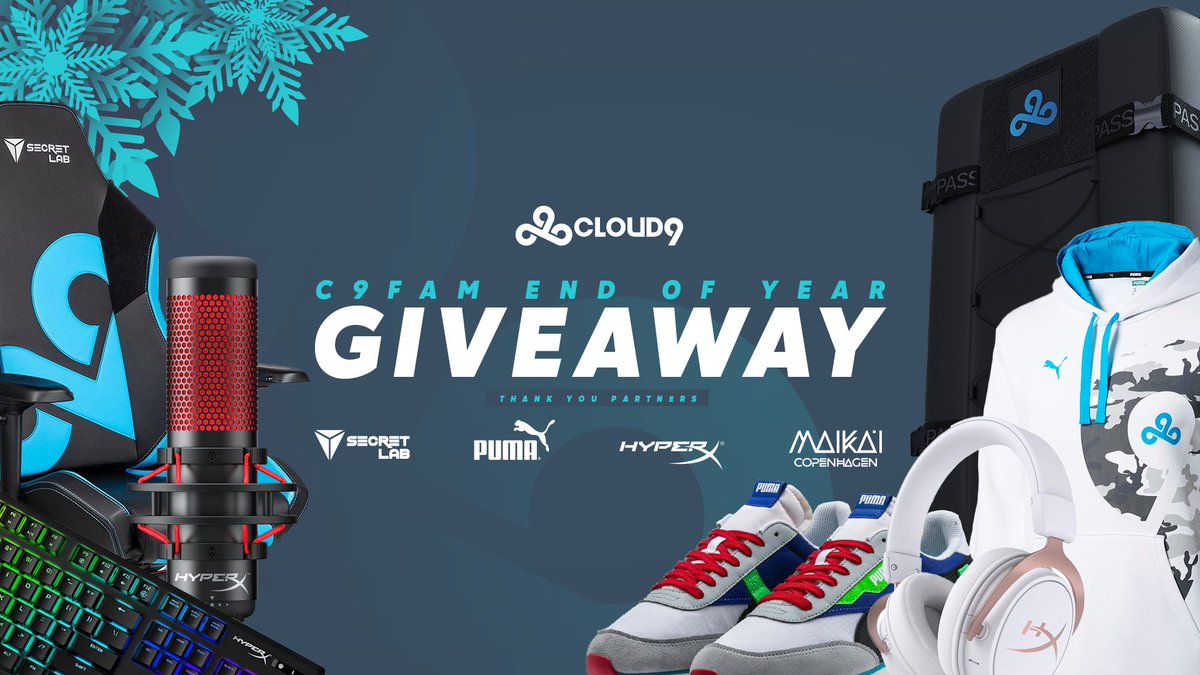 Cloud9's tweet image. 2019 is almost over, can you believe it?

To cap off the year, we’re teaming up with our partners @secretlabchairs, @HyperX, @PUMA, &amp;amp; @MaikaiCph for a huge giveaway!

😱 Enter for a chance to win huge prizes at c9.gg/endof19!