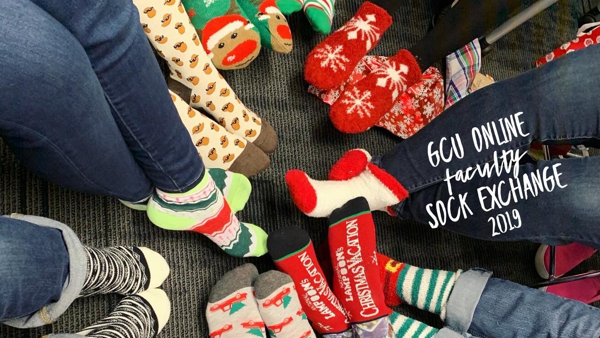 kimberou's tweet photo. We had the most fun today at work! Our first annual sock exchange is in the books. #faculty #gcufaculty #holidayseason https://t.co/8u97Rdqsrz