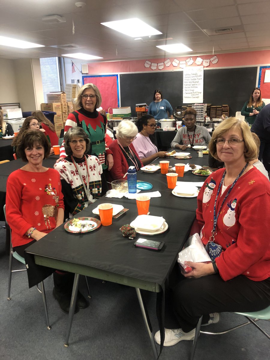 HannaSupt's tweet photo. Festive Sweater Day at SL/AC! Thanks to the PTO for a delicious luncheon for our staff. We appreciate YOU! 🍲🧁🍛🍪 https://t.co/3jFHD4dEGF