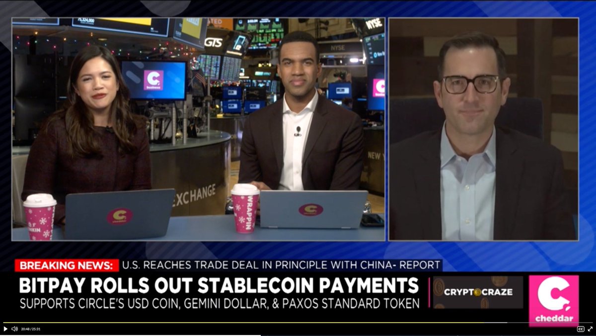 BitPay's tweet photo. Have you heard the news? BitPay now supports payment processing for three dollar-pegged cryptocurrencies 💸. Watch our CEO's interview with @cheddar (20:30 start in video): https://t.co/YCxo9rQU6v https://t.co/uB4d3qiJMV