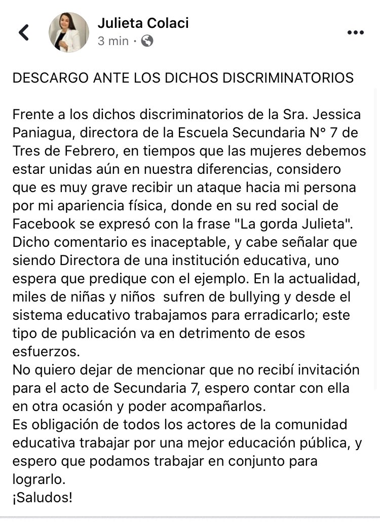 mjcolaci's tweet photo. ANTE LOS DICHOS DISCRIMINATORIOS DE LA SRA DIRECTORA JESSICA PANIAGUA 👇🏻 https://t.co/wKOSXug9nq