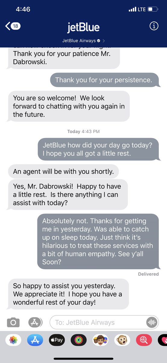 Hi there <a href="/JetBlue/">JetBlue</a> your customer service via SMS is a hit. I’ve made outrageous use of it since joining the beta program and it’s been exceptional. And also I tested your “empathy factor.” Strong pass. How can we extend this to all JetBlue customers?