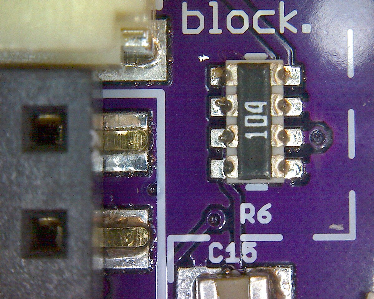 josecastillo's tweet photo. First up: I removed the screen buffer SRAM chip, which freed up two pins on the #SAMD51. One, I used to add a second voltage monitor: now we can watch VBAT for power level, and VBUS to see when we're plugged in, via this handy resistor array / pair of voltage dividers. (2/5) https://t.co/wfLC2T9CQS