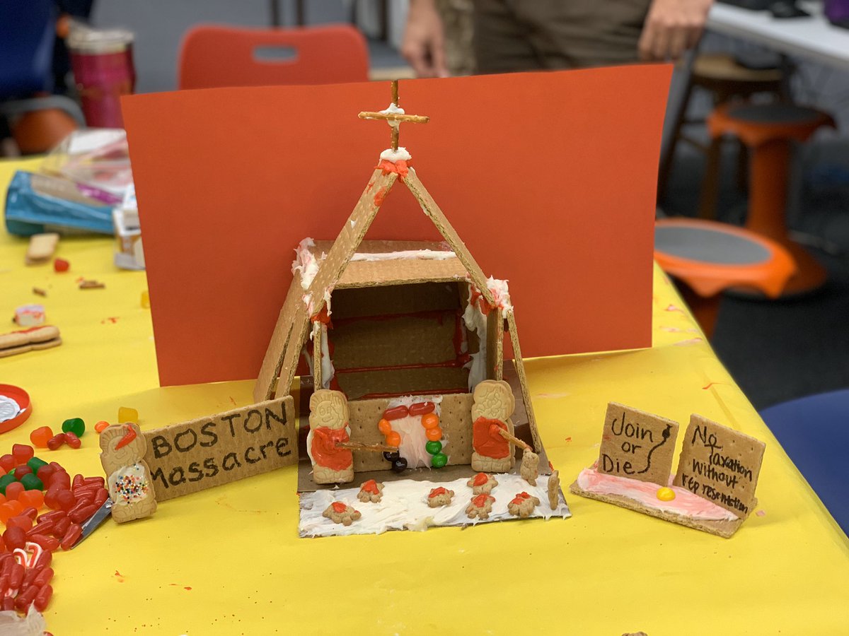 haleypena23's tweet photo. #SWESchallenge team gingerbread houses! Of course, 5th grade would take you on a trip through US History, representing the Boston Massacre 😱 *be sure to like our tweet...the house with the most likes WINS 🙌🏻😉 @SpicewoodPYP https://t.co/YZuOzWODHF