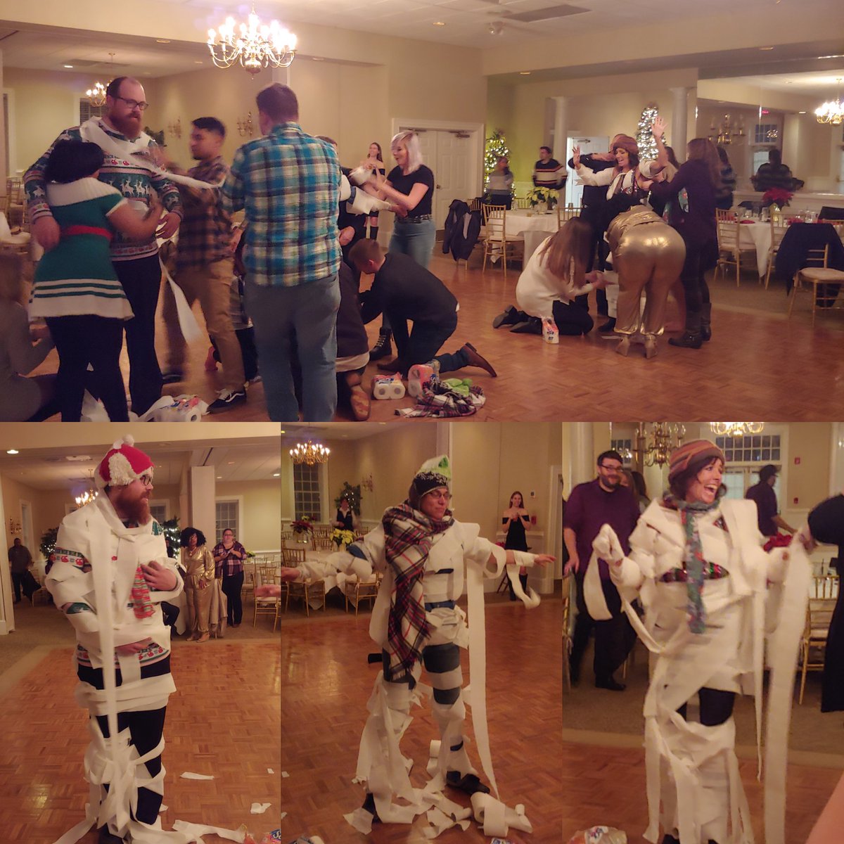 CatriniaHarris's tweet photo. Some fun at #thd8552 christmas party! We played a game called TP Snowman! Each team had 2 mins to turn Linda - Lori - Joebob into snowmen with tp-hat-scarf. #hd8552 #holidayspirit 
@LindaWill016 @whitsett_a @wjessup17 https://t.co/tEGnzUdJKr