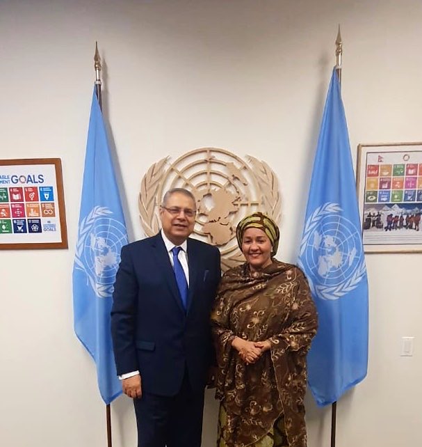 AlgeriaUN's tweet photo. Amb, Permanent Representative Sofiane Mimouni, had a fruitfull exchange with @AminaJMohammed, Deputy SG of the #UN, on multiple issues related to the repositioning of the #UNDS, the UN strategy for #Sahel and the upcoming High Level meeting on #transportation. https://t.co/IpwyjVgcbN
